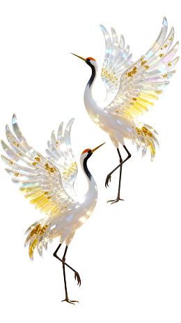 两只展翅金羽仙鹤雕塑