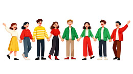 七人手拉手欢乐行走图片