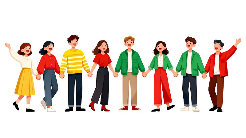 七人手拉手欢乐行走图片