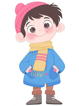 儿童冬天保暖冬装蓝色大衣围巾帽子卡通插画
