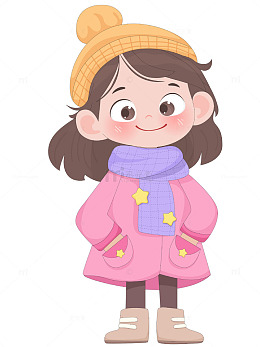 儿童冬天保暖粉色大衣星星围巾帽子卡通插画