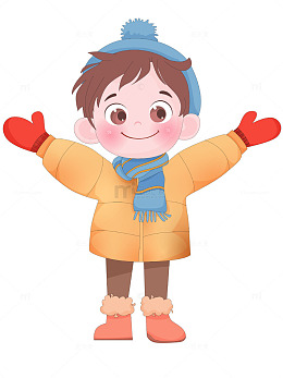 儿童保暖冬装黄色羽绒服帽子围巾雪地靴插画