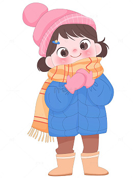 儿童保暖冬装蓝色羽绒服帽字格子围巾插画