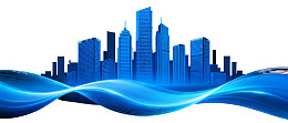 蓝色城市剪影与流动波纹背景