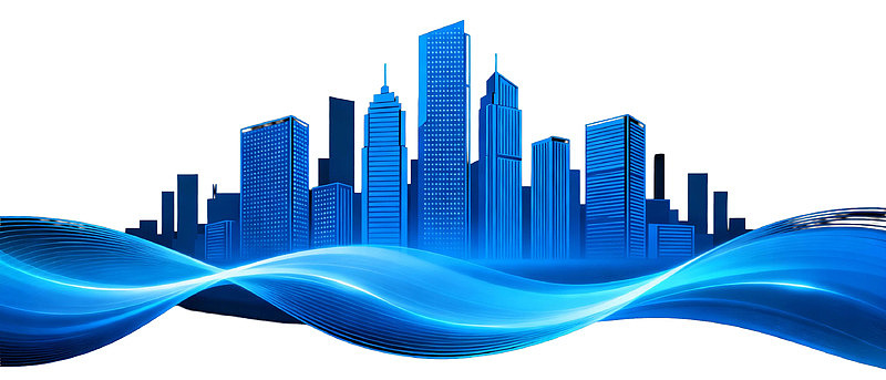 蓝色城市剪影与流动波纹背景