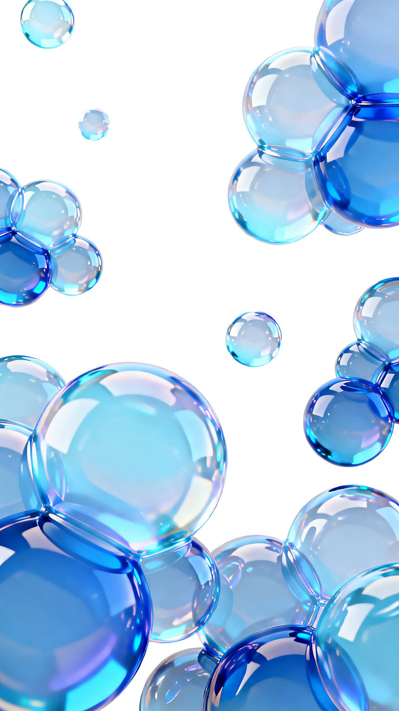 蓝色气泡漂浮于白色背景之上