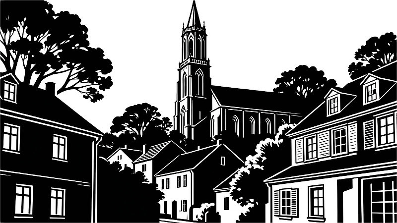 黑白木刻风格的教堂与民居