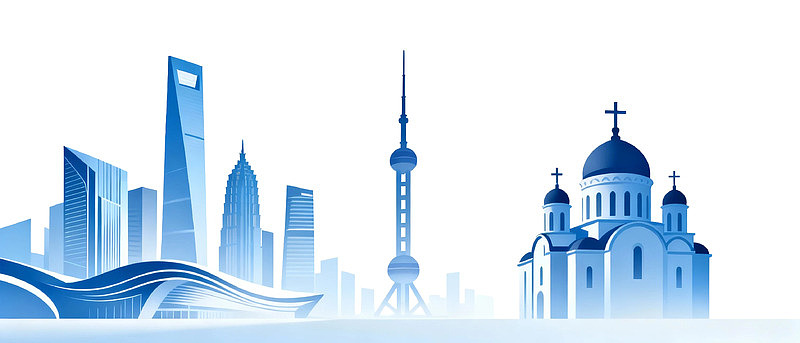 城市天际线与教堂建筑对比