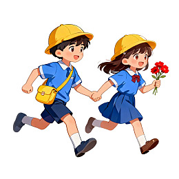 卡通男孩女孩戴黄帽牵手奔跑