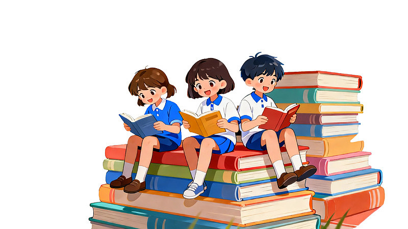 三名学生在书堆上阅读