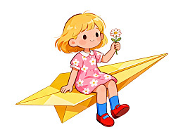 女孩坐纸飞机手持小花