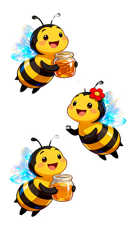 三只卡通蜜蜂飞舞手持蜂蜜罐