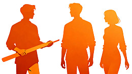 三人橙色剪影手持长杆交谈