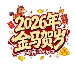 2026年马年新年祝福鞭炮元宝橘子艺术字