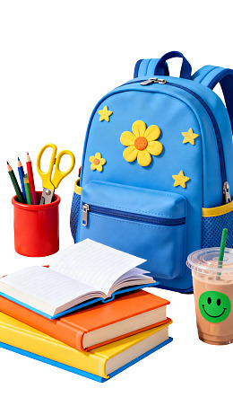蓝色书包配学习用品和饮料