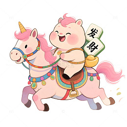 卡通猪骑独角兽发财图免扣手绘素材插画