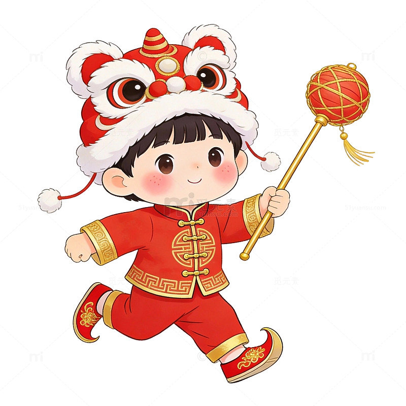 卡通儿童新年舞狮喜庆插画素材