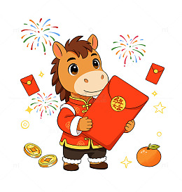2026卡通马年新年春节贺岁烟花红包插画