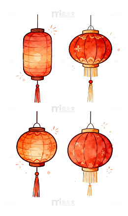 水彩中国风红灯笼插画素材
