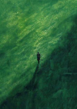 孤独行走在绿色田野