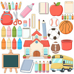 学习工具体育用品学校足球篮球校车蜡笔插画