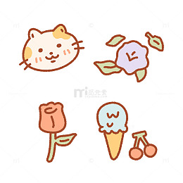 卡通可爱小动物植物甜品插画