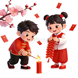 新年卡通儿童放鞭炮插画素材免扣