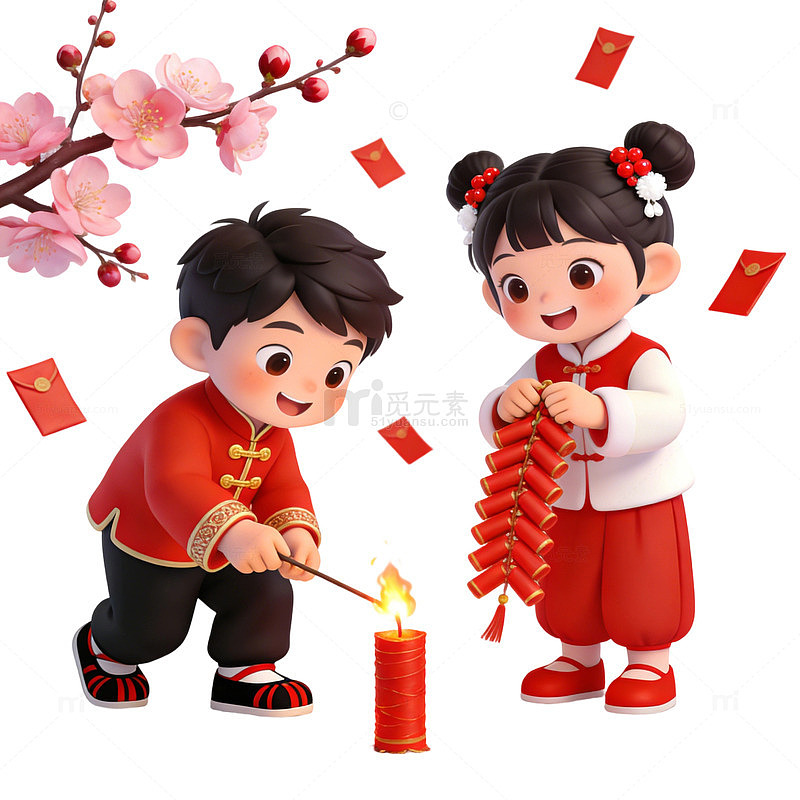 新年卡通儿童放鞭炮插画素材免扣