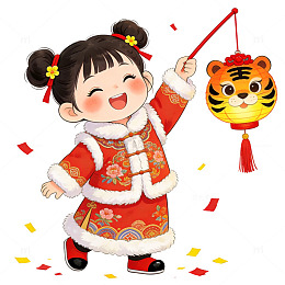 卡通春节小女孩提灯笼插画素材
