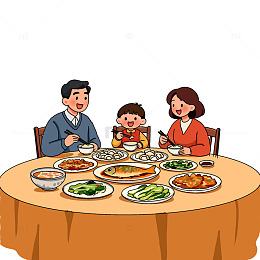 卡通团圆饭团聚一家人