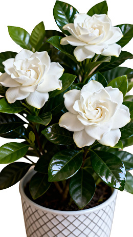 白色栀子花盆栽绿叶衬托