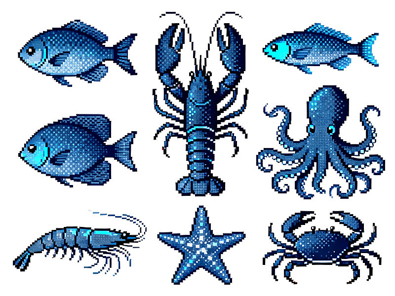 蓝色像素风格海洋生物集合