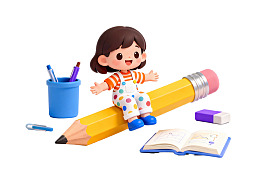 卡通女孩坐在铅笔上学习