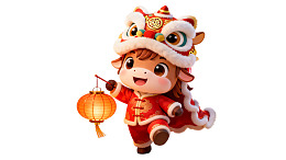 卡通牛人手持灯笼欢庆节日