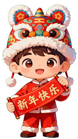 卡通男孩穿龙帽持春联贺新年