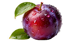 紫红色李子带绿叶水珠