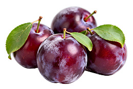 新鲜紫红色李子带绿叶