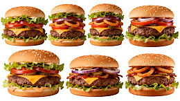 八款不同配料的美味汉堡展示