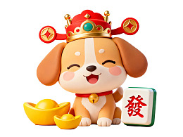 卡通小狗戴冠持金元宝与麻将