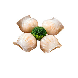 四个透明饺子围一颗西兰花