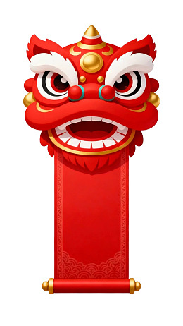 红色舞狮头卷轴设计图片