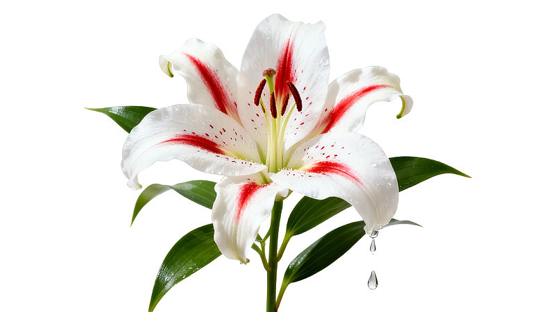 白红相间百合花滴水特写