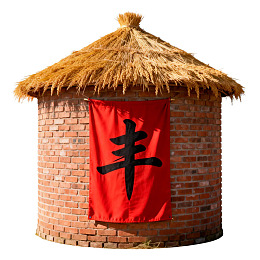 砖砌茅草屋挂红色丰字旗