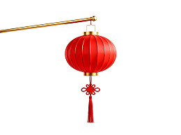 红色中式灯笼悬挂于金色杆上