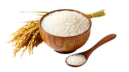 木碗盛白米稻穗旁置勺