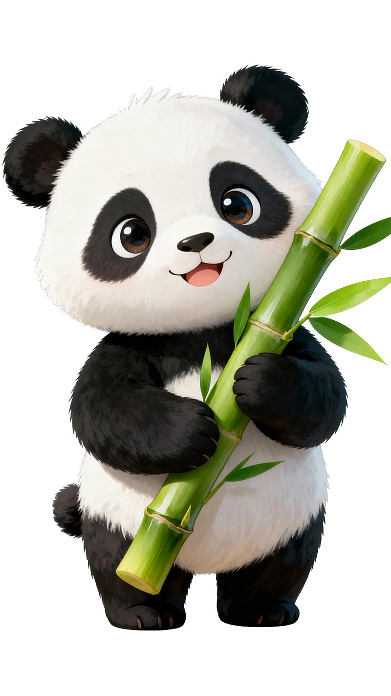 卡通熊猫怀抱竹子微笑