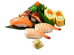 多种寿司拼盘包含三文鱼虾仁等