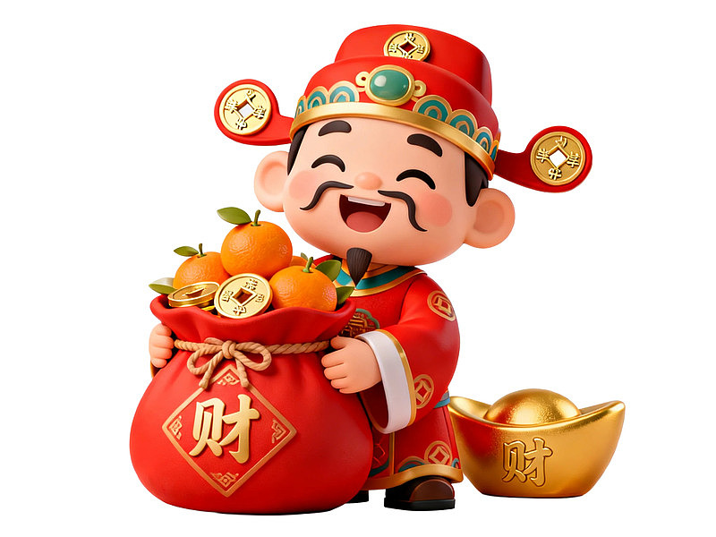 财神爷手捧金元宝和福袋