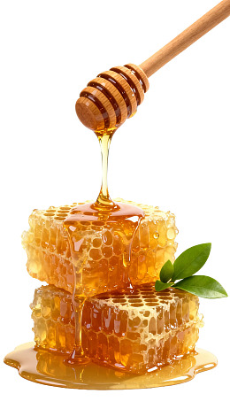 蜂蜜滴落蜂巢绿叶点缀