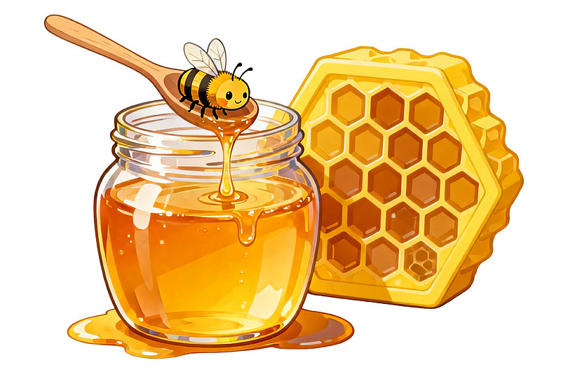 蜜蜂蜂蜜罐与蜂巢卡通插画
